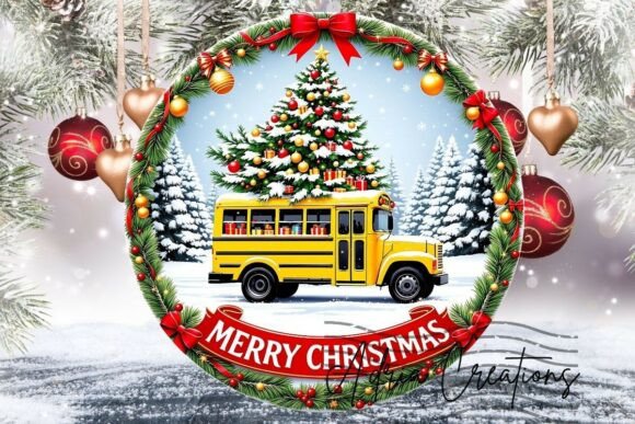 School Bus Teacher Ornament for Holiday Embroidery